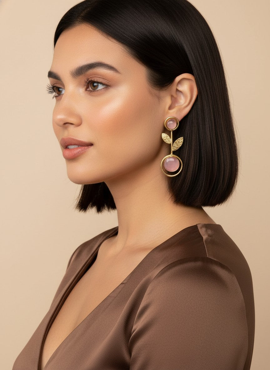 Gold Plated Baby Pink Monalisa Stone Leaf Drop Earrings for Women - Casual Wear