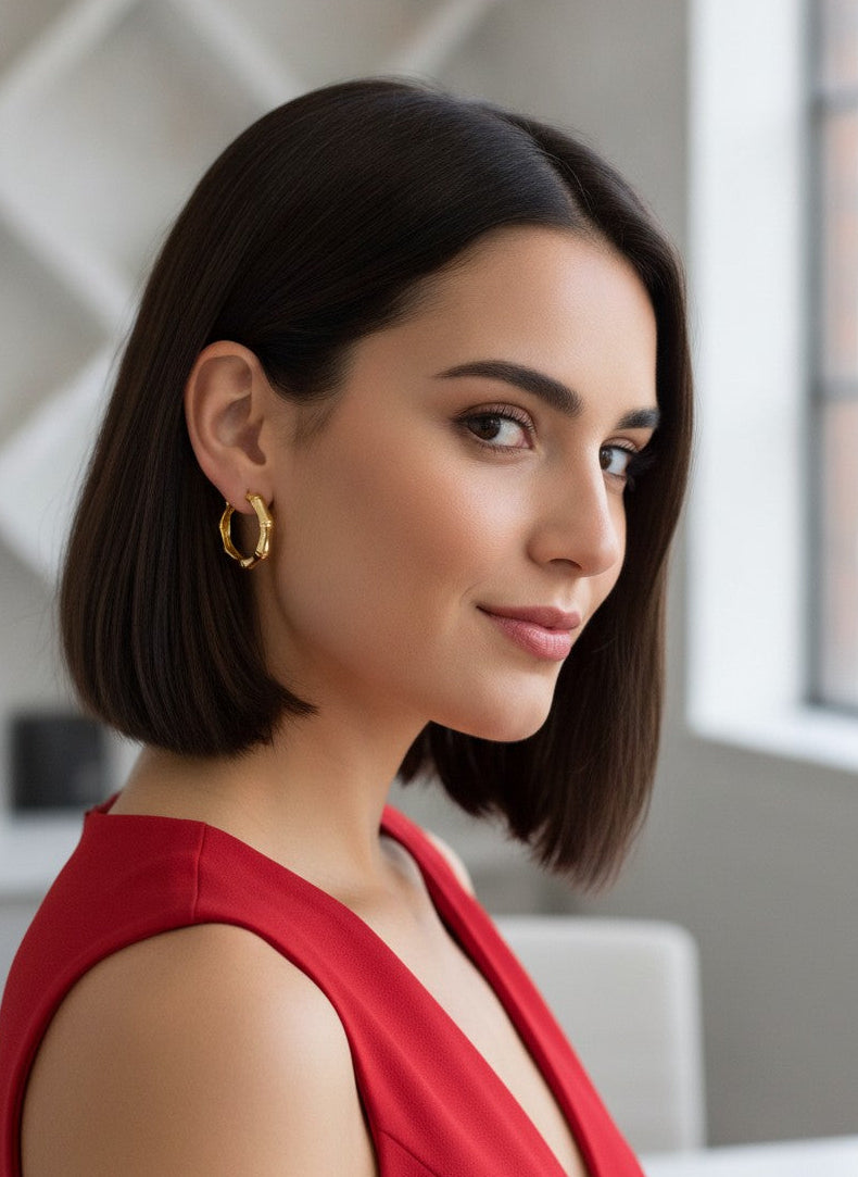 Gold Plated Bamboo-Inspired Mini Hoop Earrings for Women - Everyday Wear