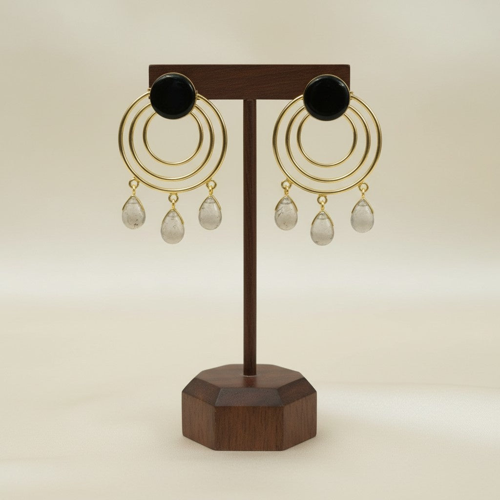Gold Plated Circular Dangler Earrings with Black Grey Monalisa Stones for Women - Chic Conteporary 