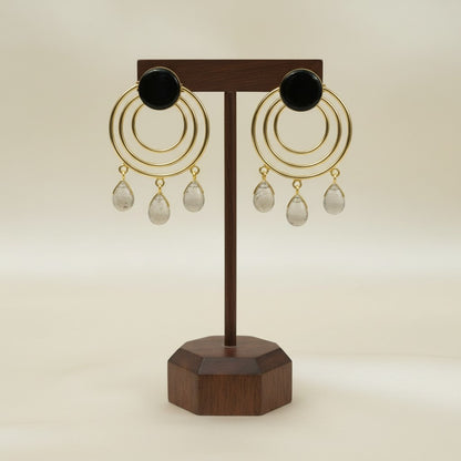 Gold Plated Circular Dangler Earrings with Black Grey Monalisa Stones for Women - Chic Conteporary 