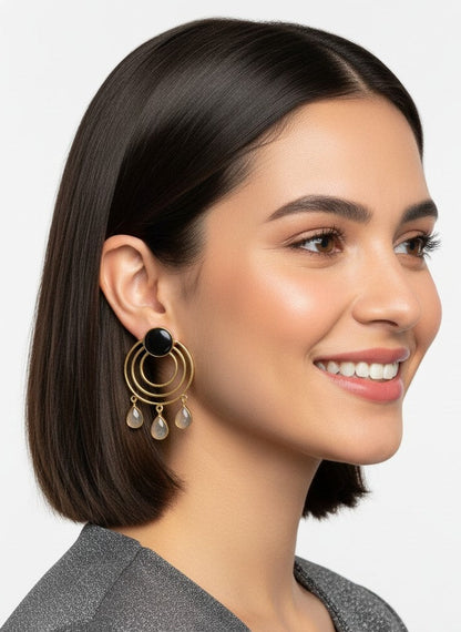 Gold Plated Circular Dangler Earrings with Black Grey Monalisa Stones for Women - Chic Conteporary 
