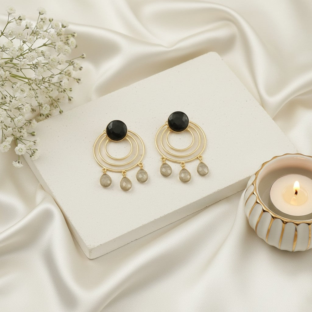 Gold Plated Circular Dangler Earrings with Black Grey Monalisa Stones for Women - Chic Conteporary 