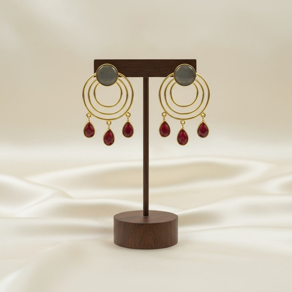 Gold Plated Circular Dangler Earrings with Grey Red Monalisa Stones for Women - Chic Western Wear 