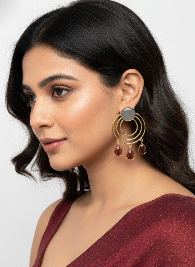 Gold Plated Circular Dangler Earrings with Grey Red Monalisa Stones for Women - Chic Western Wear 