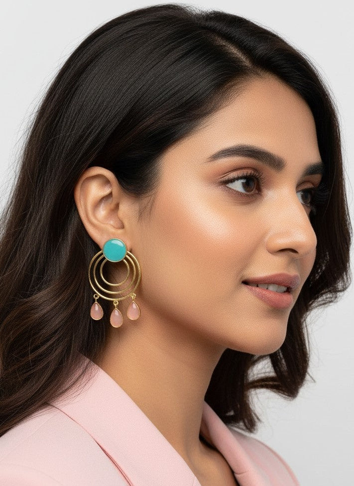 Gold Plated Circular Dangler Earrings with Light Blue Pink Monalisa Stone for Women - Chic Contemporary Wear