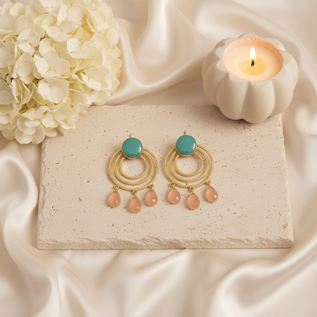 Gold Plated Circular Dangler Earrings with Light Blue Pink Monalisa Stone for Women - Chic Contemporary Wear