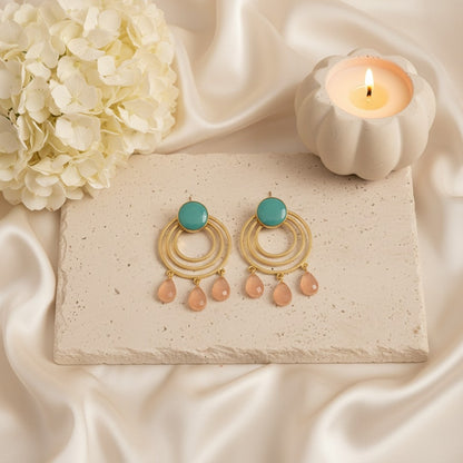 Gold Plated Circular Dangler Earrings with Light Blue Pink Monalisa Stone for Women - Chic Contemporary Wear