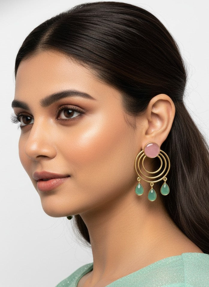 Gold Plated Circular Dangler with Baby Pink Mint Monalisa Stones Earrings for Women - Chic Western Wear