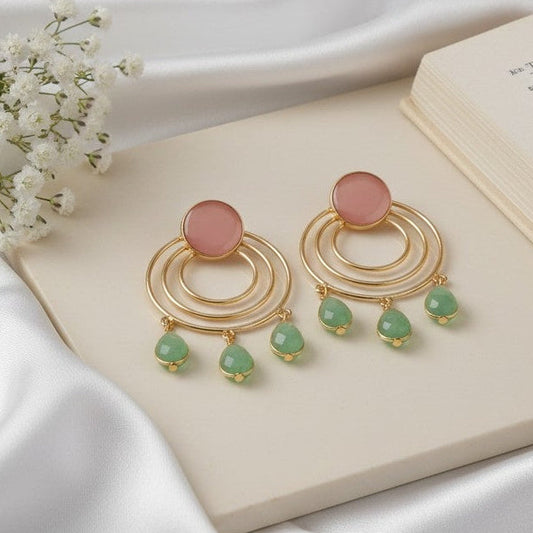 Gold Plated Circular Dangler with Baby Pink Mint Monalisa Stones Earrings for Women - Chic Western Wear