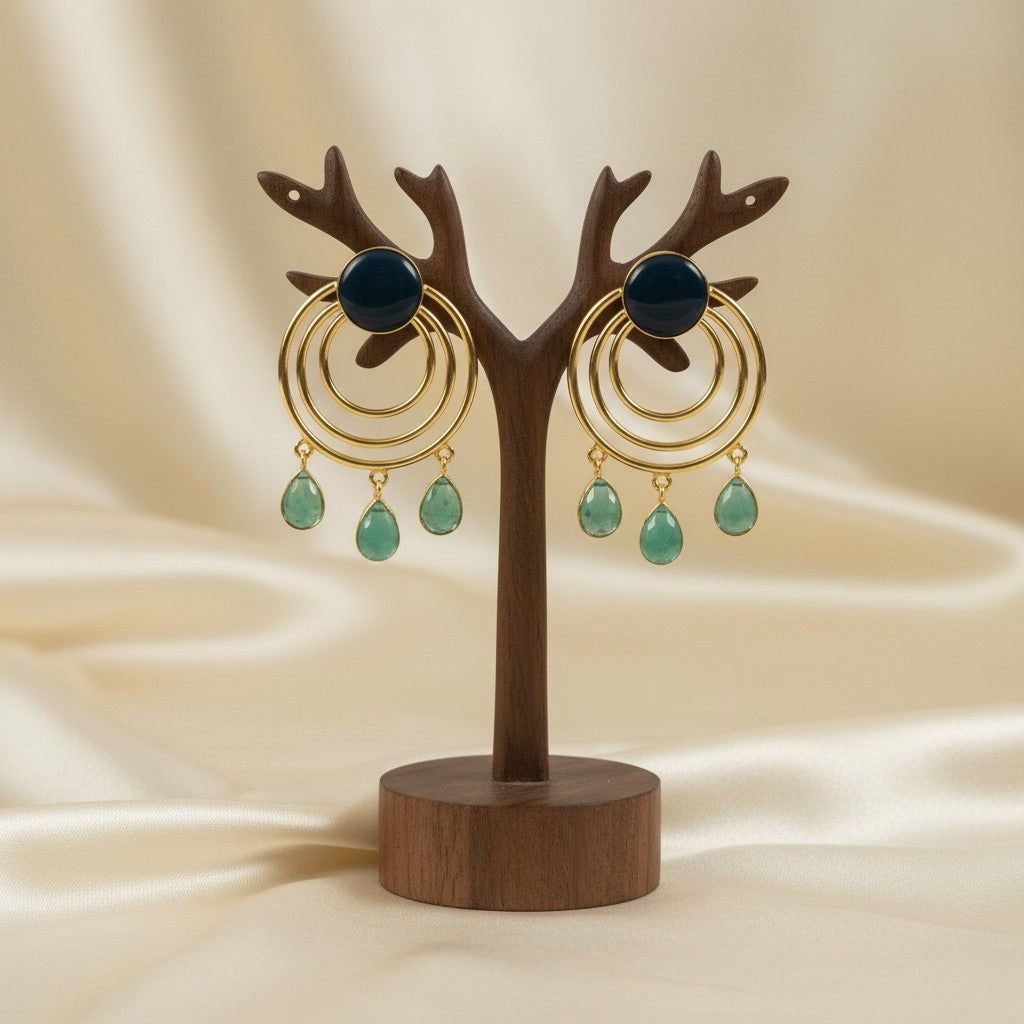 Gold Plated Circular Dangler with Dark Blue Mint Monalisa Stones Earrings for Women - Chic Western Wear