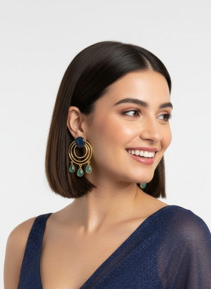 Gold Plated Circular Dangler with Dark Blue Mint Monalisa Stones Earrings for Women - Chic Western Wear