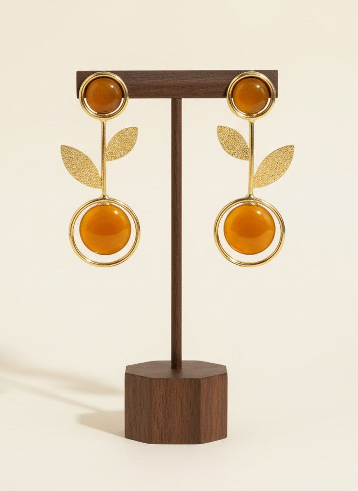 Gold Plated Citrine Yellow Monalisa Stone Leaf Drop Earrings for Women - Casual Wear 