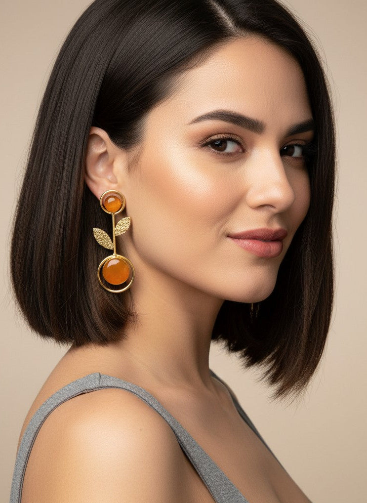 Gold Plated Citrine Yellow Monalisa Stone Leaf Drop Earrings for Women - Casual Wear 