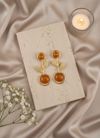 Gold Plated Citrine Yellow Monalisa Stone Leaf Drop Earrings for Women - Casual Wear 