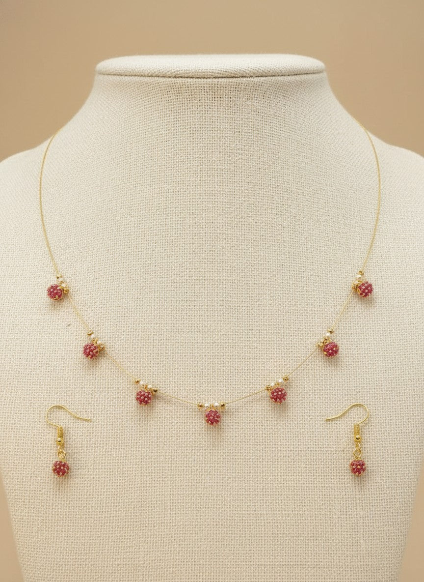 Gold Plated Dainty Invisible Chain Ruby Drop Necklace Set for Women - Everyday Wear