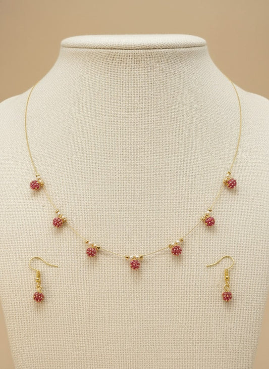 Gold Plated Dainty Invisible Chain Ruby Drop Necklace Set for Women - Everyday Wear