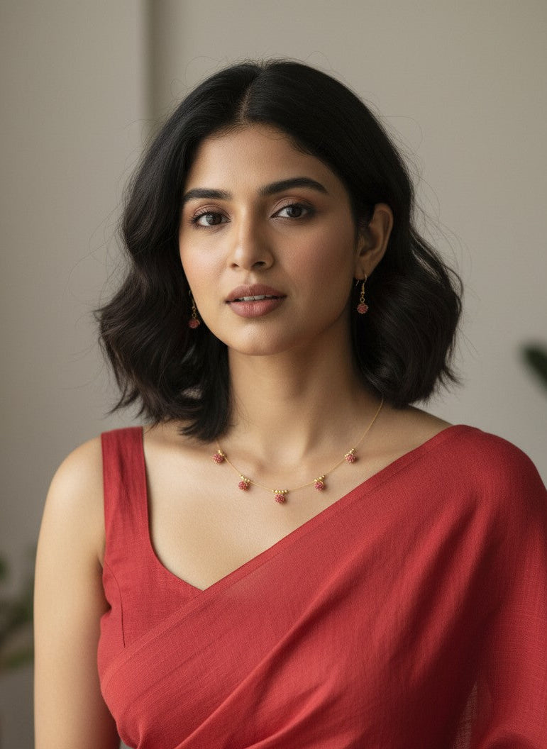 Gold Plated Dainty Invisible Chain Ruby Drop Necklace Set for Women - Everyday Wear