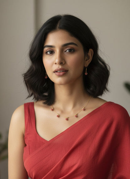 Gold Plated Dainty Invisible Chain Ruby Drop Necklace Set for Women - Everyday Wear