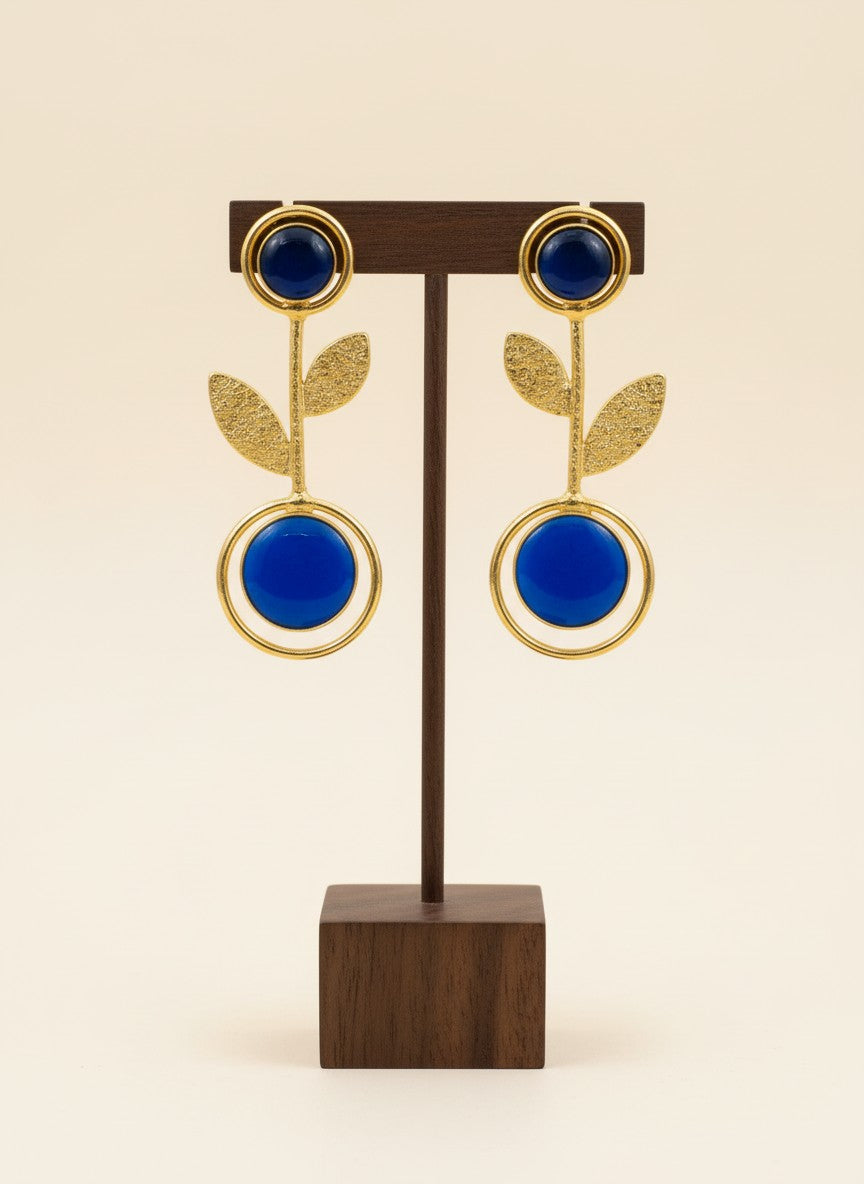 Gold Plated Depp Blue Monalisa Stone Leaf Drop Earrings for Women - Casual Wear