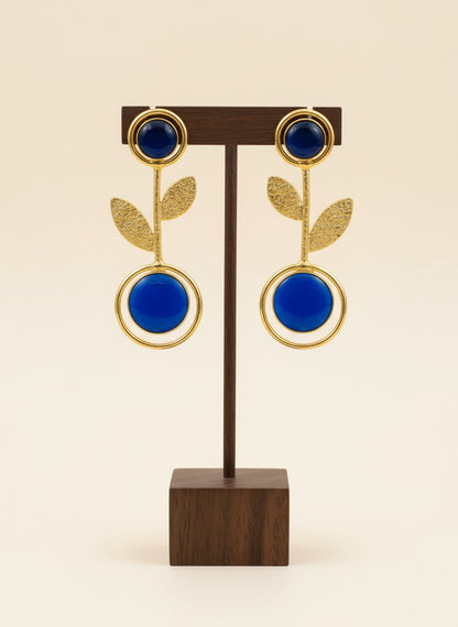 Gold Plated Depp Blue Monalisa Stone Leaf Drop Earrings for Women - Casual Wear