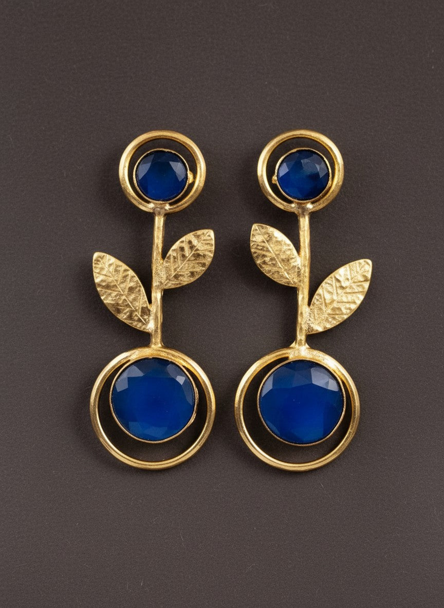 Gold Plated Depp Blue Monalisa Stone Leaf Drop Earrings for Women - Casual Wear