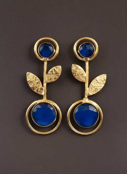 Gold Plated Depp Blue Monalisa Stone Leaf Drop Earrings for Women - Casual Wear