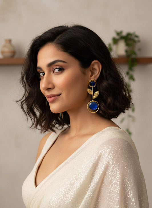 Gold Plated Depp Blue Monalisa Stone Leaf Drop Earrings for Women - Casual Wear