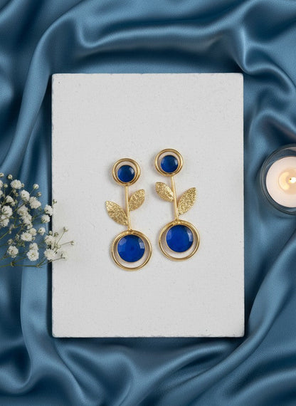 Gold Plated Depp Blue Monalisa Stone Leaf Drop Earrings for Women - Casual Wear