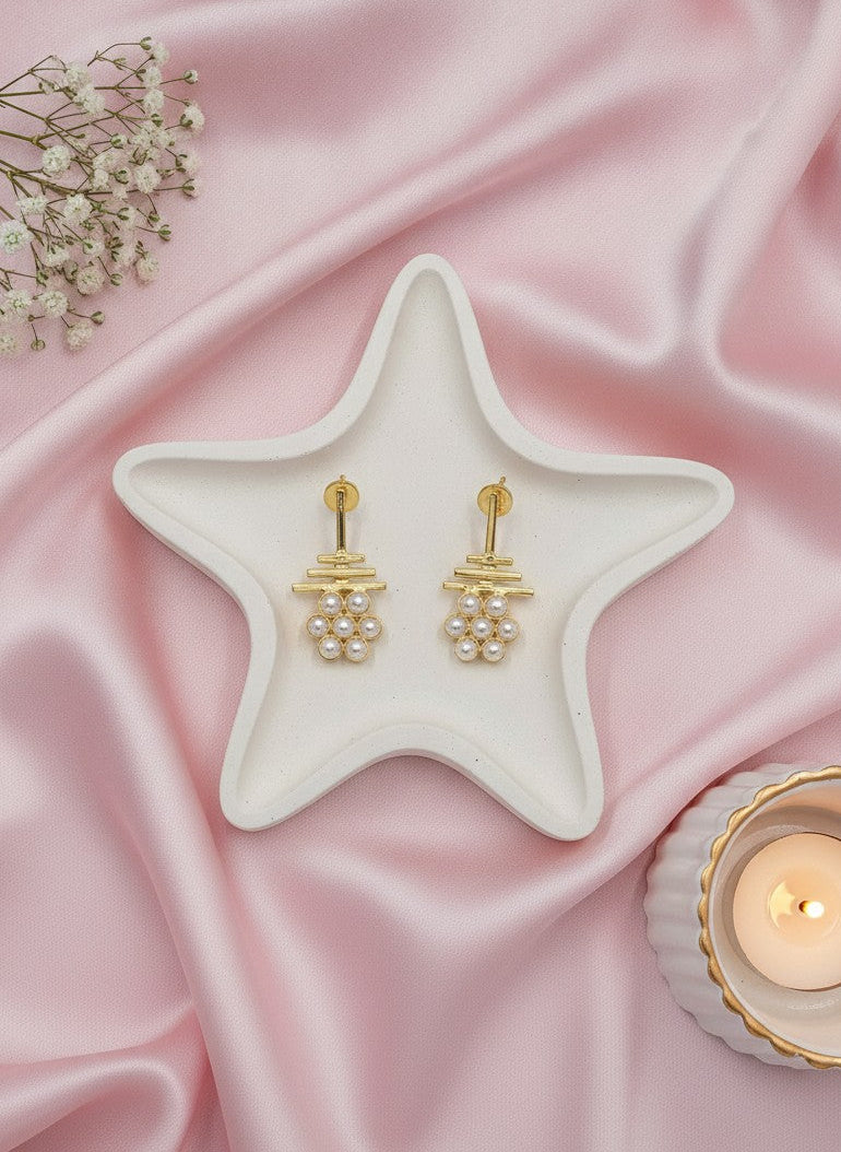 Gold Plated Geometric Pearl Cluster Drop Earrings for Women - Formal Wear