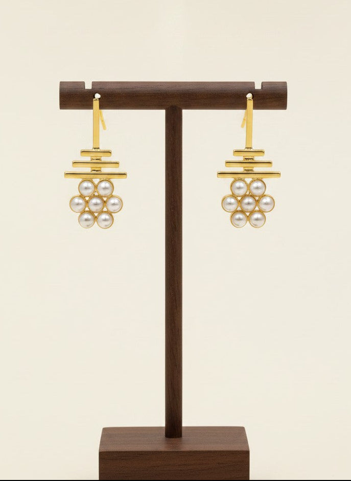 Gold Plated Geometric Pearl Cluster Drop Earrings for Women - Formal Wear