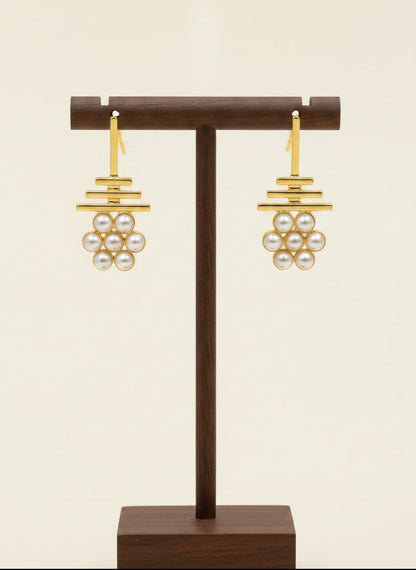 Gold Plated Geometric Pearl Cluster Drop Earrings for Women - Formal Wear