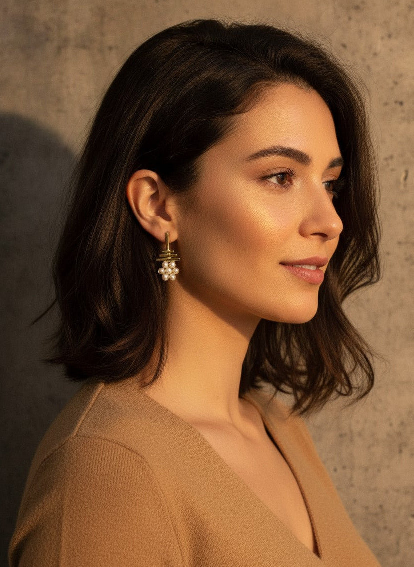 Gold Plated Geometric Pearl Cluster Drop Earrings for Women - Formal Wear