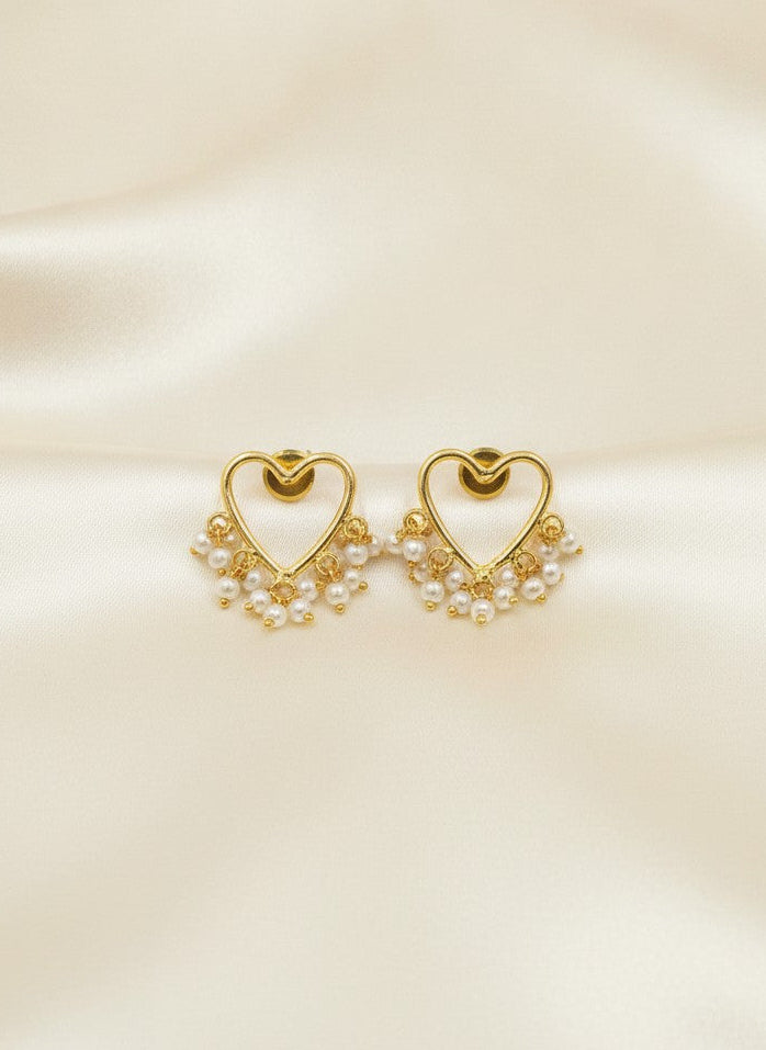 Gold Plated Heart Studs with Pearl Tassel Earrings for Women - Formal Fusion Wear