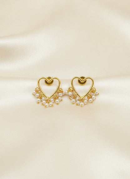 Gold Plated Heart Studs with Pearl Tassel Earrings for Women - Formal Fusion Wear