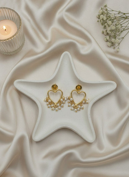 Gold Plated Heart Studs with Pearl Tassel Earrings for Women - Formal Fusion Wear