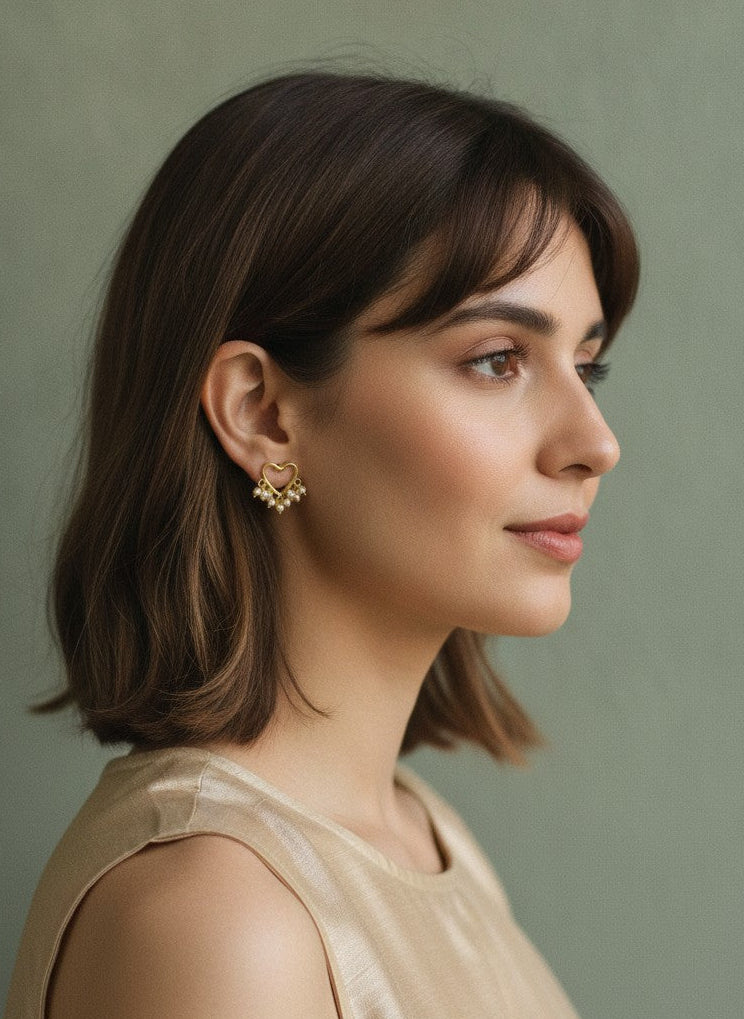 Gold Plated Heart Studs with Pearl Tassel Earrings for Women - Formal Fusion Wear