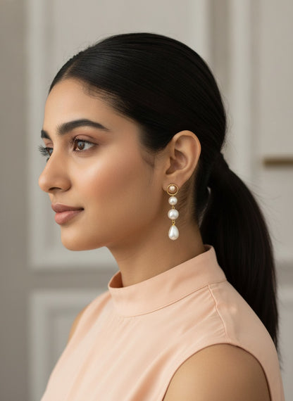 Gold Plated Layered Pearl Drop Earrings for Women - Everyday Wear