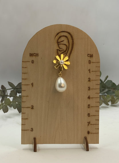 Gold Plated Minimal Daisy Floral Pearl Drop Earrings for Women - Western Formal Wear