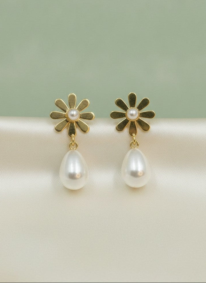 Gold Plated Minimal Daisy Floral Pearl Drop Earrings for Women - Western Formal Wear