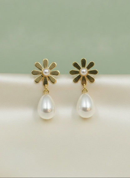 Gold Plated Minimal Daisy Floral Pearl Drop Earrings for Women - Western Formal Wear