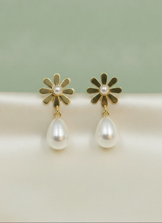 Gold Plated Minimal Daisy Floral Pearl Drop Earrings for Women - Western Formal Wear