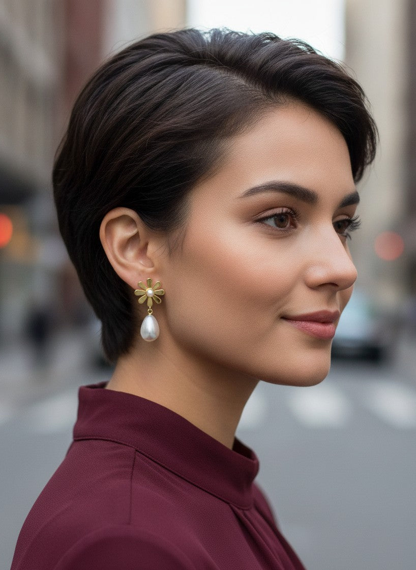 Gold Plated Minimal Daisy Floral Pearl Drop Earrings for Women - Western Formal Wear