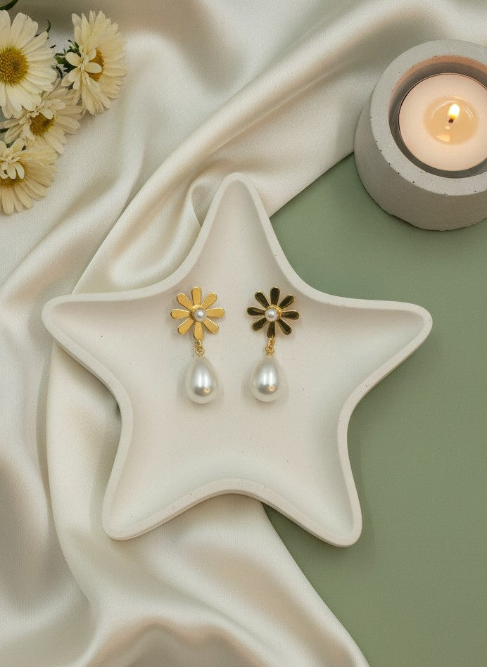 Gold Plated Minimal Daisy Floral Pearl Drop Earrings for Women - Western Formal Wear
