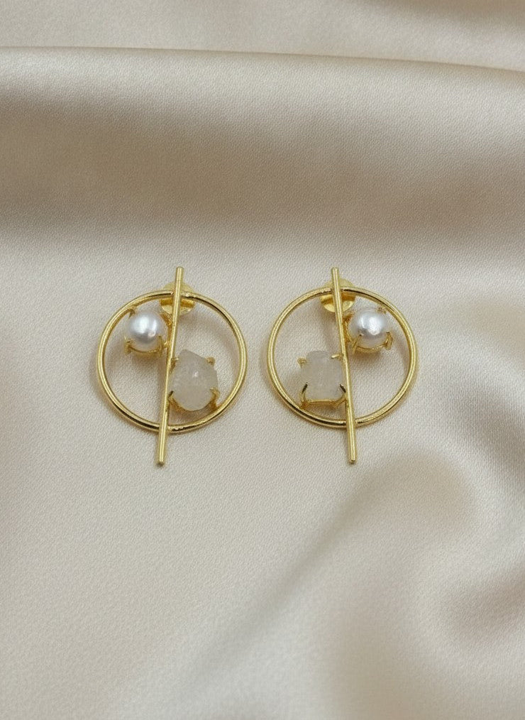 Gold Plated Pearl & Natural Raw Stone Geometric Circle Stud Earrings for Women - Chic Western 