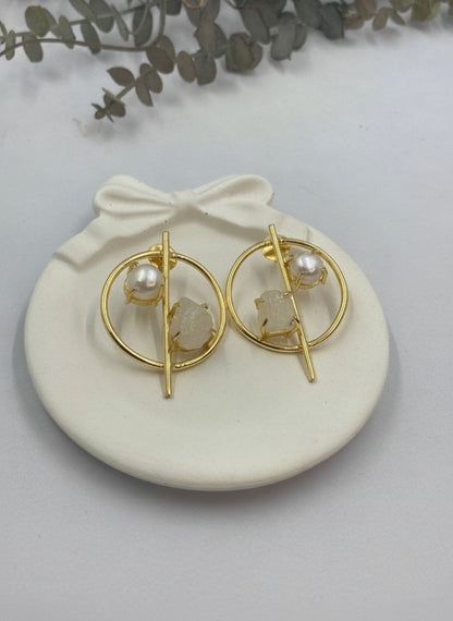 Gold Plated Pearl & Natural Raw Stone Geometric Circle Stud Earrings for Women - Chic Western 