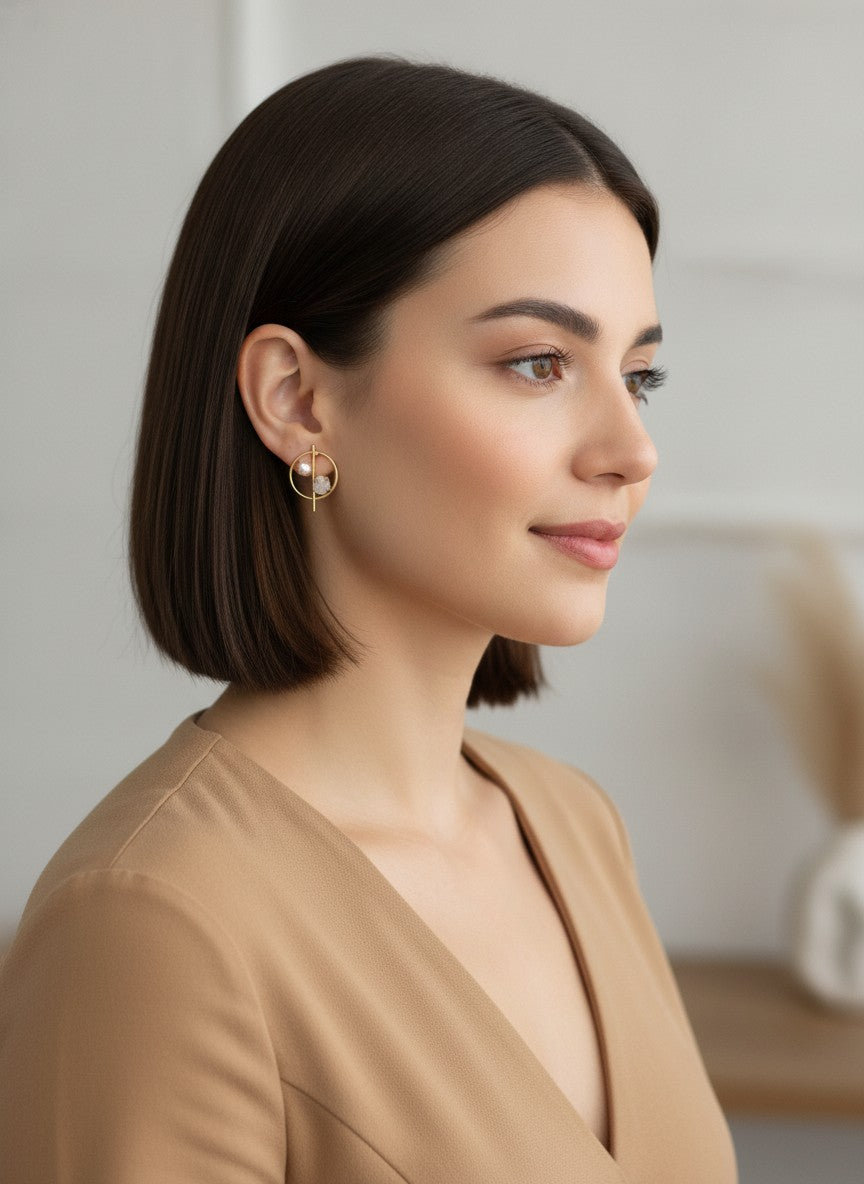 Gold Plated Pearl & Natural Raw Stone Geometric Circle Stud Earrings for Women - Chic Western 
