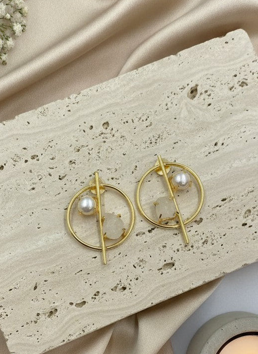 Gold Plated Pearl & Natural Raw Stone Geometric Circle Stud Earrings for Women - Chic Western 