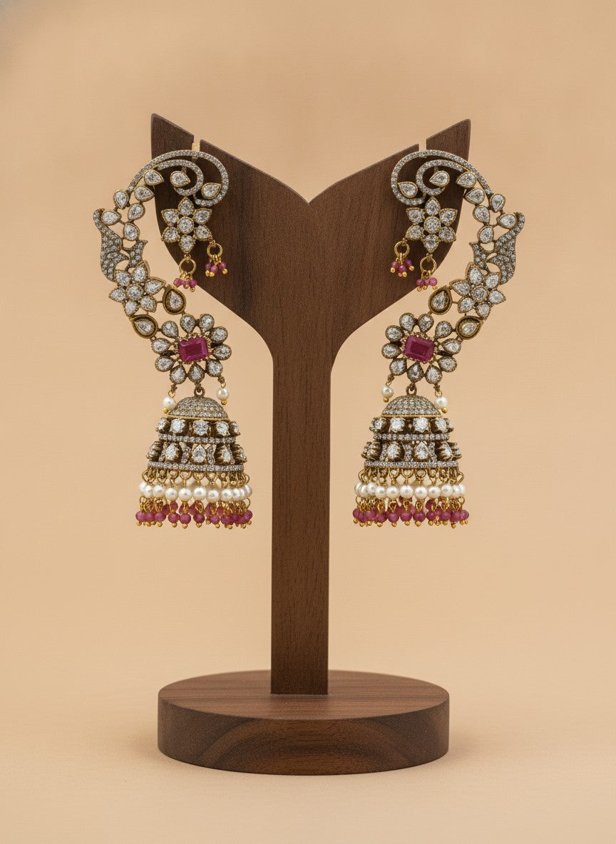 Gold Plated Polki Floral Ear Cuff Jhumka Earrings with Ruby Pink Stones – Wedding & Festive Wear