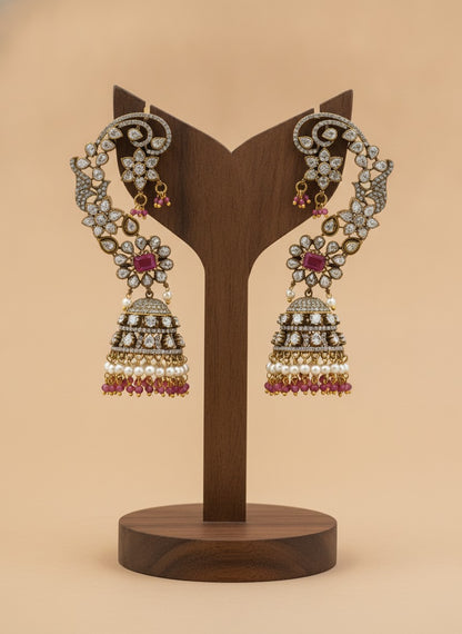 Gold Plated Polki Floral Ear Cuff Jhumka Earrings with Ruby Pink Stones – Wedding & Festive Wear
