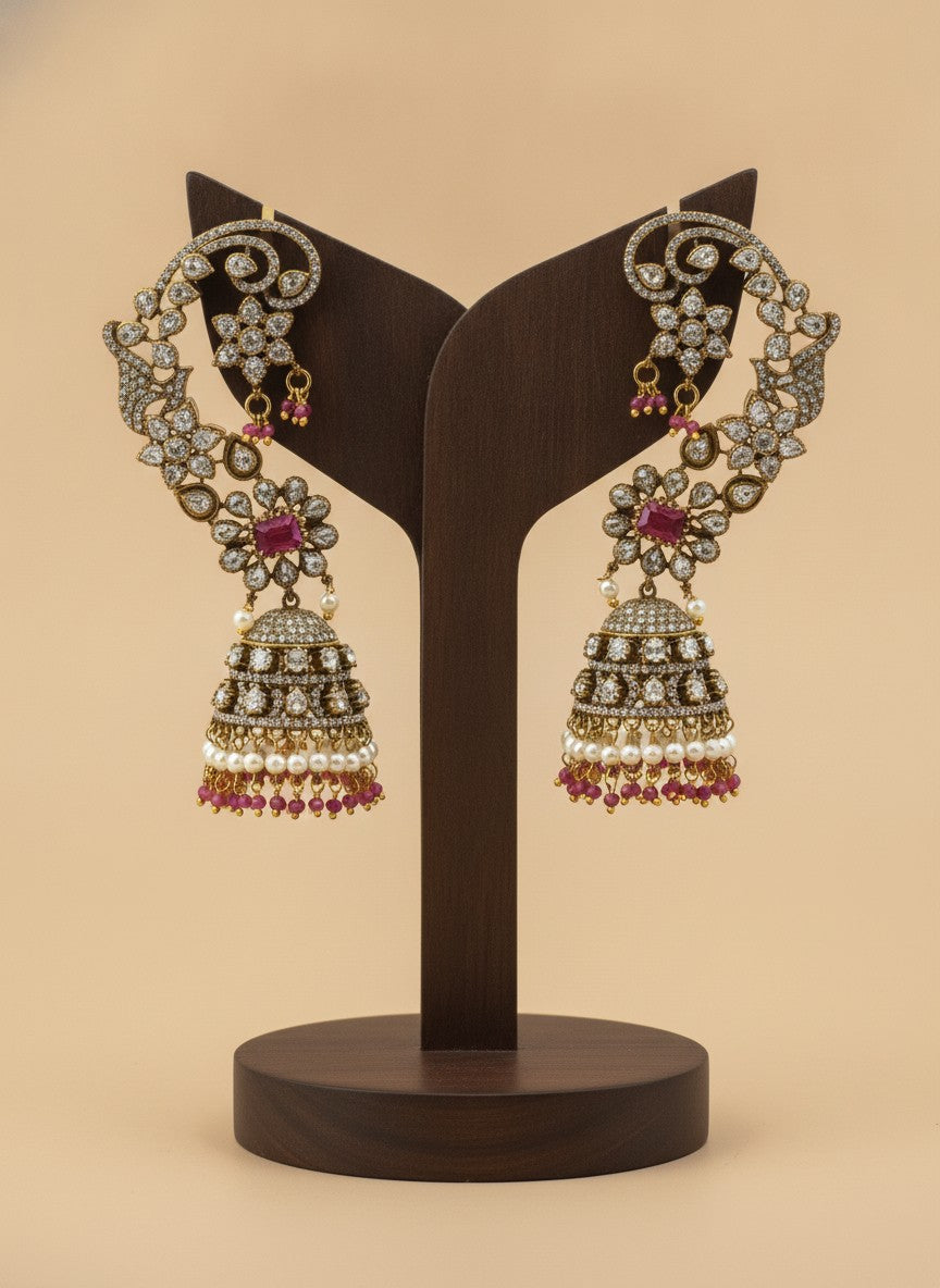 Gold Plated Polki Floral Ear Cuff Jhumka Earrings with Ruby Pink Stones – Wedding & Festive Wear